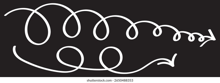 Doodle spiral arrows set. Hand drawn arrows. Design quirky twist line, curve wave arrow. . Vector illustration