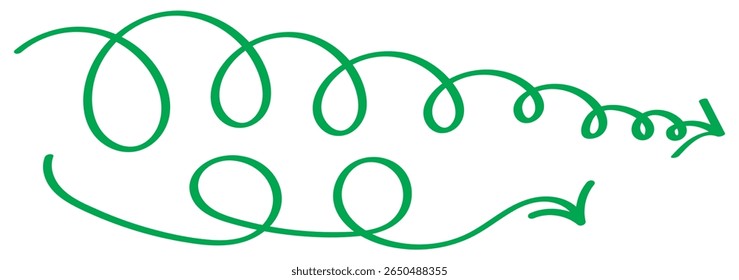 Doodle spiral arrows set. Hand drawn arrows. Design quirky twist line, curve wave arrow. . Vector illustration