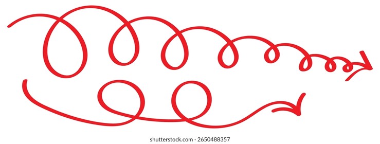 Doodle spiral arrows set. Hand drawn arrows. Design quirky twist line, curve wave arrow. . Vector illustration