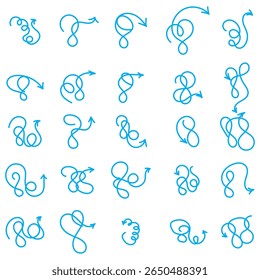 Doodle spiral arrows set. Hand drawn arrows. Design quirky twist line, curve wave arrow. . Vector illustration