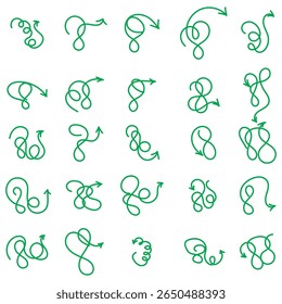 Jeu de flèches en spirale gribouillantes. Flèches dessinées à la main. Concevez une courbe singulière, une flèche courbe ondulée. . Illustration vectorielle