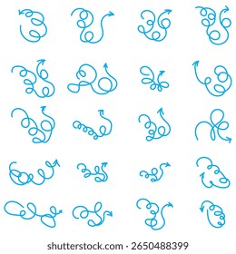 Doodle spiral arrows set. Hand drawn arrows. Design quirky twist line, curve wave arrow. . Vector illustration