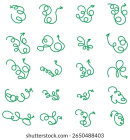 Doodle spiral arrows set. Hand drawn arrows. Design quirky twist line, curve wave arrow. . Vector illustration