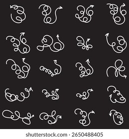 Jeu de flèches en spirale gribouillantes. Flèches dessinées à la main. Concevez une courbe singulière, une flèche courbe ondulée. . Illustration vectorielle