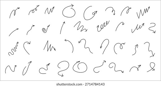 Conjunto de flechas espirales Doodle. Flechas dibujadas a mano. Línea de torsión peculiar del diseño, flecha de la onda de la curva.
