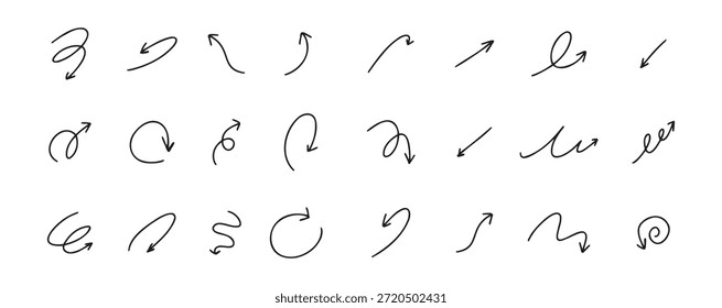 Doodle Spiralpfeile gesetzt. Handgezeichnete Pfeile. Design eigenartigen Twist-Linie, Kurve Welle Pfeil. . Vektorgrafik