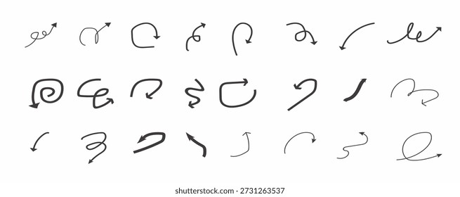 Doodle spiral arrows set. Hand drawn arrows. Design quirky twist line, curve wave arrow. . Vector illustration