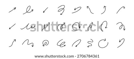 Doodle spiral arrows set. Hand drawn arrows. Design quirky twist line, curve wave arrow. . Vector illustration