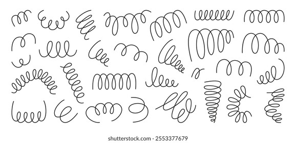 Doodle espiral molas. Molas desenhadas à mão, fio preto ícones de bobinas flexíveis. Espirais metálicas decorativas, elementos de guirlandas, conjunto de vetor de bobina plana neotérico