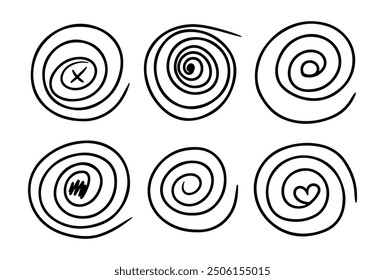 Doodle espiral y elemento de movimiento de remolino. Línea circular abstracta dibujada a mano. Conjunto abstracto moderno Formas redondas negras con línea espiral.