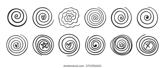 Doodle spiral swirl motion element set. abstract hand drawn round spiral line. spiral with a symbol inside. Vector illustration