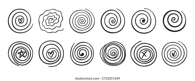 Conjunto de elementos de movimiento de remolino de espiral Doodle. línea espiral redonda dibujada a mano abstracta. espiral con un símbolo en el interior. Ilustración vectorial