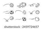  Doodle sport ball trajectory bounce collection. Line hand drawn balls set. Vector illustration
