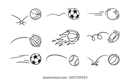  Doodle sport ball trajectory bounce collection. Line hand drawn balls set. Vector illustration