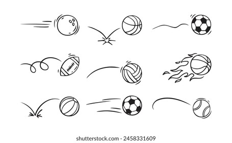  Doodle sport ball trajectory bounce collection. Line hand drawn balls set. Vector illustration