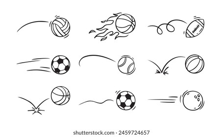  Doodle sport ball trajectory bounce collection. Line hand drawn balls set. Vector illustration