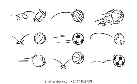  Doodle sport ball trajectory bounce collection. Line hand drawn balls set. Vector illustration