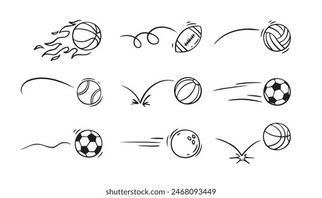  Doodle sport ball trajectory bounce collection. Line hand drawn balls set. Vector illustration