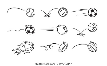  Doodle sport ball trajectory bounce collection. Line hand drawn balls set. Vector illustration