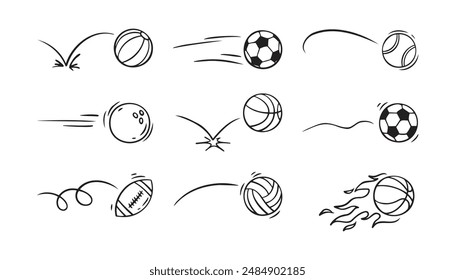  Doodle sport ball trajectory bounce collection. Line hand drawn balls set. Vector illustration