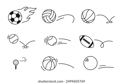 Doodle sport ball trajectory bounce, line hand drawn balls set, sports ball rebound set vector