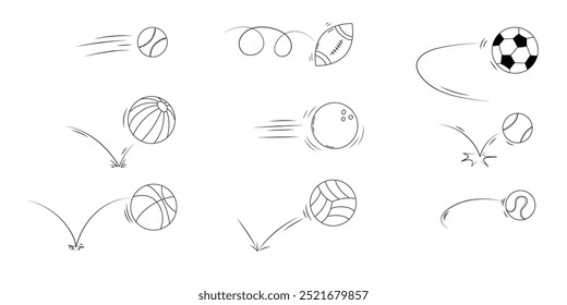 Colección de rebote de trayectoria de pelota deportiva Doodle. Línea de bolas dibujadas a mano. 