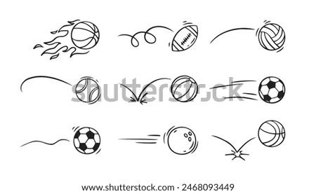  Doodle sport ball trajectory bounce collection. Line hand drawn balls set. Vector illustration