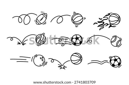 Doodle sport ball trajectory bounce collection. hand drawn balls set. Vector illustration.