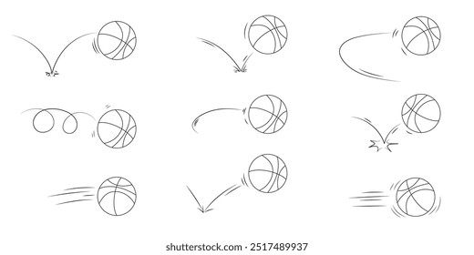 Colección de rebote de trayectoria de baloncesto deportivo Doodle. Juego de bolas dibujadas a mano