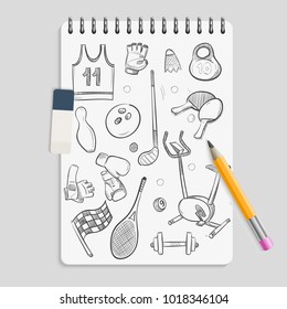 Doodle sport elements on realistic notebook. Sketch notebook doodle pencil, sport ball and equipment illustration