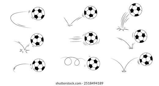 Doodle sport soccer football ball trajectory bounce collection. Line hand drawn balls set