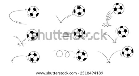 Doodle sport soccer football ball trajectory bounce collection. Line hand drawn balls set