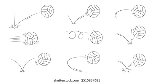 Doodle esporte vôlei trajetória bounce coleção. Conjunto de bolas desenhadas à mão de linha