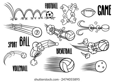 Doodle sports ball rebound set. Football, basketball, volleyball, hockey, billiard, soccer, American football, rugby, tennis, baseball, badminton.Vector Illustration.