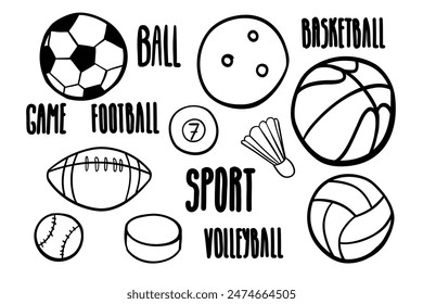 Doodle sports ball rebound set. Football, basketball, volleyball, hockey, billiard, soccer, American football, rugby, tennis, baseball, badminton.Vector Illustration.