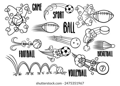 Doodle sports ball rebound set. Football, basketball, volleyball, hockey, billiard, soccer, American football, rugby, tennis, baseball, badminton.Vector Illustration.