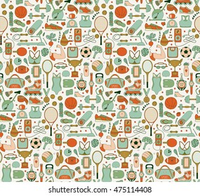 Doodle sports elements pattern. Vector illustration with fitness icons in handdrawn style.  Sport and fitness seamless doodle pattern