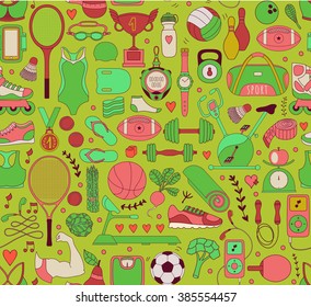 Doodle sports elements. Vector illustration with fitness icons in handdrawn style.  Sport and fitness seamless doodle pattern