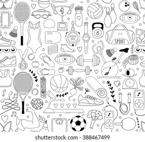 Doodle sports elements. Vector illustration with fitness icons in handdrawn style.  Sport and fitness seamless doodle pattern