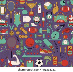 Doodle sports elements. Vector illustration with fitness icons in handdrawn style.  Sport and fitness seamless doodle pattern