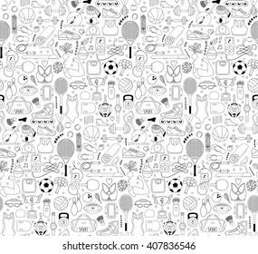 Doodle sports elements. Vector illustration with fitness icons in handdrawn style.  Sport and fitness seamless doodle pattern