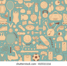 Doodle sports elements. Vector illustration with fitness icons in handdrawn style.  Sport and fitness seamless doodle pattern