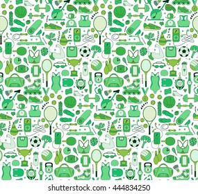 Doodle sports elements. Vector illustration with fitness icons in handdrawn style.  Sport and fitness seamless doodle pattern