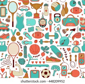 Doodle sports elements. Vector illustration with fitness icons in handdrawn style.  Sport and fitness seamless doodle pattern