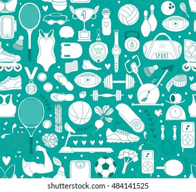 Doodle sports elements. Vector illustration with fitness icons in handdrawn style.  Sport and fitness seamless doodle pattern