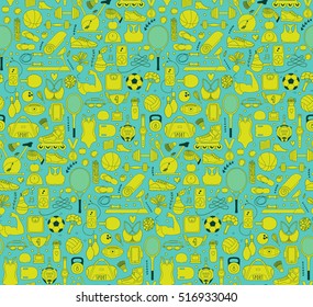 Doodle sports elements. Vector illustration with fitness icons in handdrawn style.  Sport and fitness seamless doodle pattern