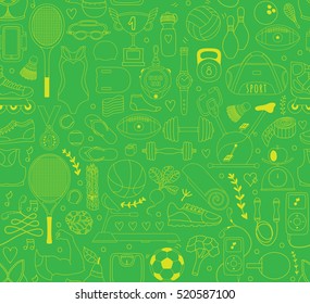 Doodle sports elements. Vector illustration with fitness icons in handdrawn style.  Sport and fitness seamless doodle pattern