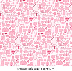 Doodle sports elements. Vector illustration with fitness icons in handdrawn style.  Sport and fitness seamless doodle pattern