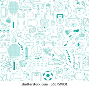 Doodle sports elements. Vector illustration with fitness icons in handdrawn style.  Sport and fitness seamless doodle pattern