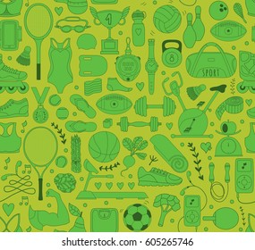 Doodle sports elements. Vector illustration with fitness icons in handdrawn style.  Sport and fitness seamless doodle pattern